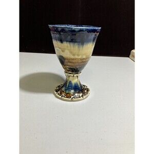 Tan & Blue Glaze Stoneware Goblet Chalice Studio Art Cup